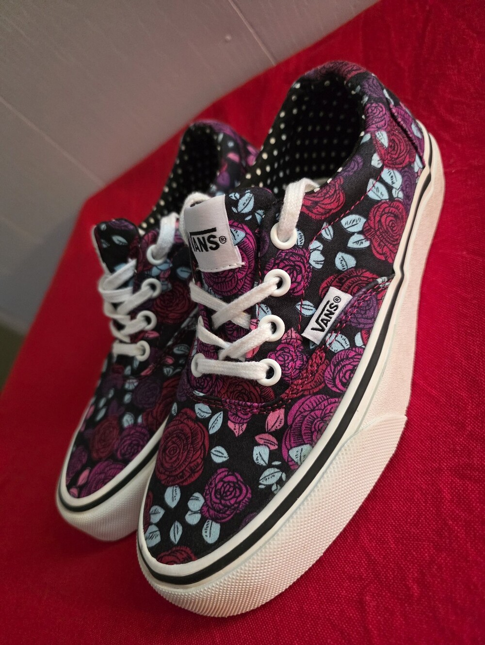 Vans Black Sneakers with Purple, Pink & Light Blue Roses- Rare Print